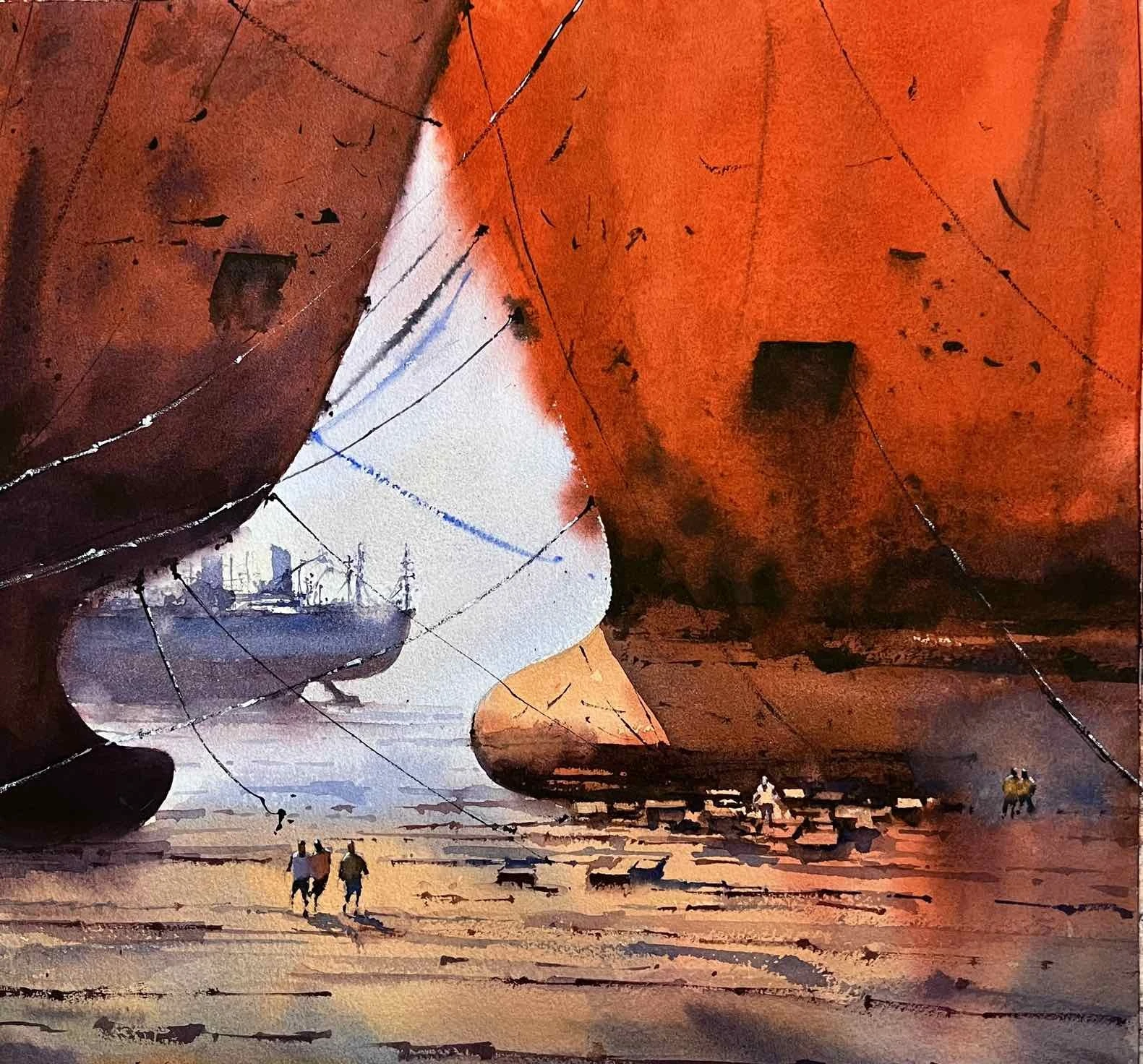 Ship Breaking Yard I — watercolour on paper by Iqbal Hossion