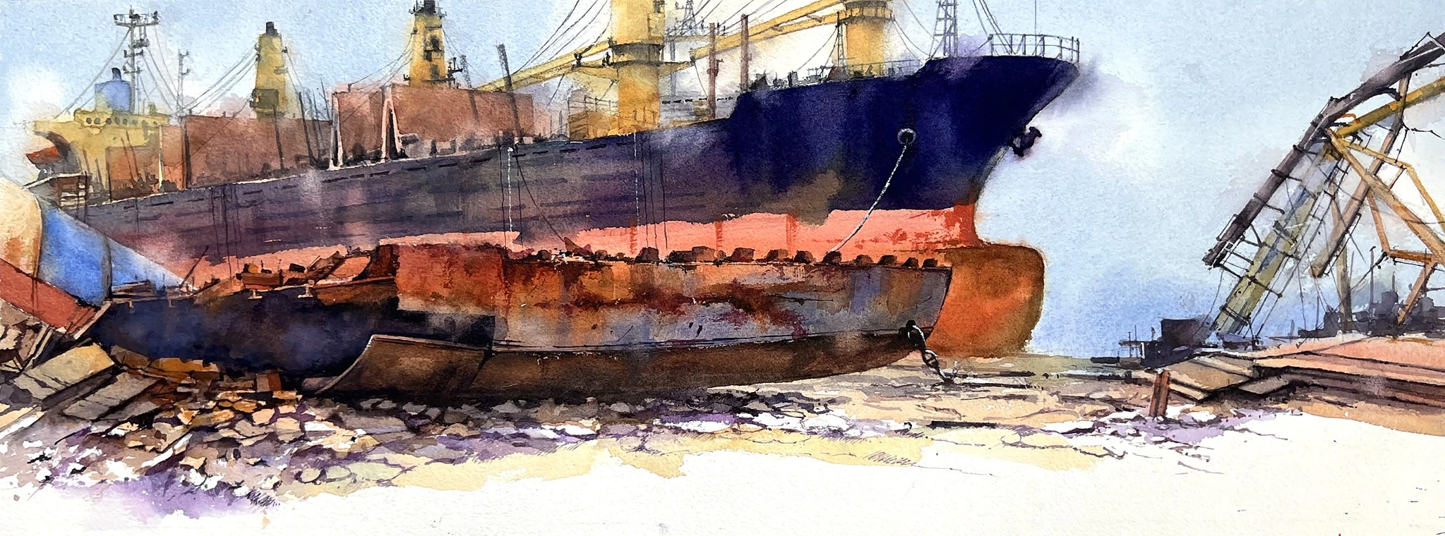 Ship Breaking Yard III, watercolour on paper by Iqbal Hossion